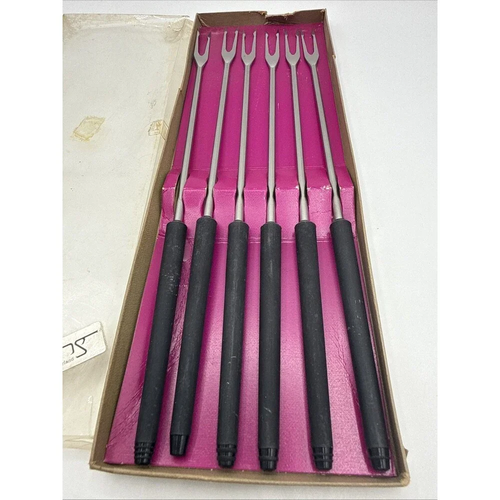 Vintage Spring Switzerland Fondue Fork Set/6 Original Box Black Handle Party